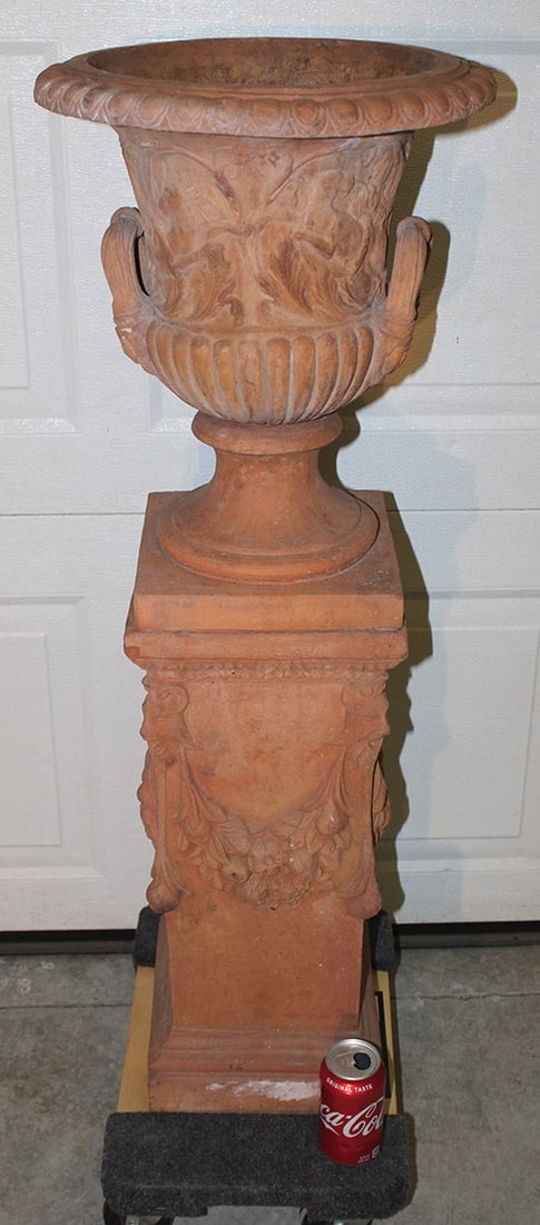 Sweet 3 Piece 41" Terracotta Urn With Lions: Sweet 3 piece 41" terracotta urn with lions and double handles in nice condition. 15" wide, 41" tall.