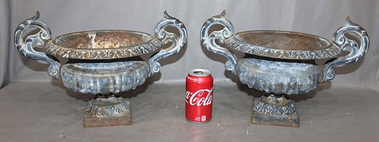 Pair Of Small Fancy Double Handle Cast Iron Urns (1 of 4)