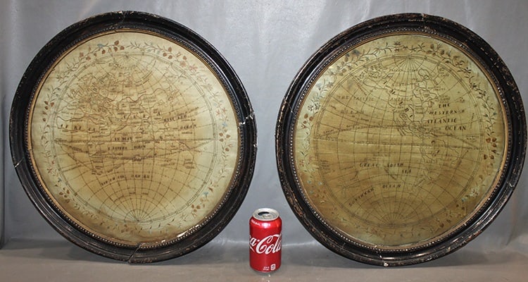 Awesome Pair Of 20" Hand Embroidered Silk Map Samplers (1770s-1820s) (1 of 12)