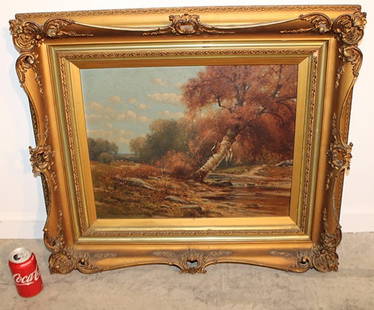 Signed (C. G. Davidson) Oil On Canvas Fall Trees By The Stream: Signed (C. G. Davidson) oil on canvas fall trees by the stream. Great Victorian frame in very nice condition . (Charles grant Davidson) 1908. 30" wide, 26" tall.