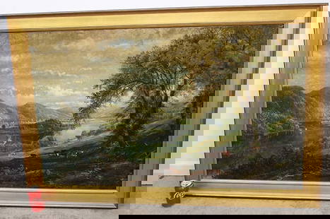 Fabulous Large Oil On Canvas Signed Edmund Darch Lewis 1855: Fabulous large oil on canvas signed Edmund Darch Lewis 1855. Great look, nice condition, relined. Cows by a large river and mountains. Has a newer frame. 56" wide, 36" tall.