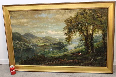 Fabulous Large Oil On Canvas Signed Edmund Darch Lewis 1855: Fabulous large oil on canvas signed Edmund Darch Lewis 1855. Great look, nice condition, relined. Cows by a large river and mountains. Has a newer frame. 56" wide, 36" tall.