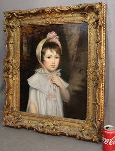 Wonderful Portrait Of A Girl Oil On Canvas Sir William Beechey R.A. 1753-1839: Wonderful portrait of a girl oil on canvas labeled on front plaque and back William Beechey R.A.1753-1839 Miss Alice Downman Relined, nicely framed, estate fresh. Looks to have museum numbers. 25" wid