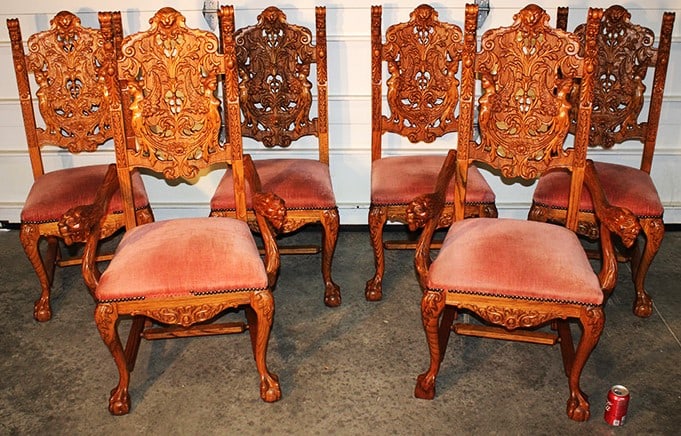 Real Nice Set Of Horner Style Chairs With Winged Ladies C. 60s: Real nice set of Horner style chairs with winged ladies C. 1960-1970s. All solid oak, high quality with huge claw and ball feet. Upholstery is good, chairs are tight. Missing 1 toe (see photo).