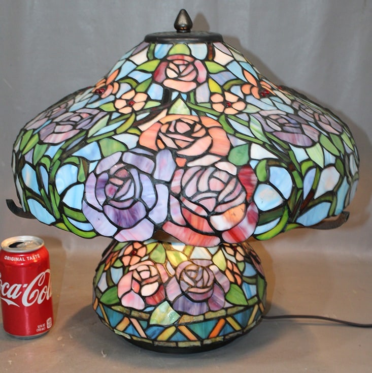 Contemporary 16" Jeweled Leaded Table Lamp With Light Up Base: Contemporary 16" jeweled leaded table lamp with light up base. All in nice condition. Rose motif. 16" wide, 16" tall.
