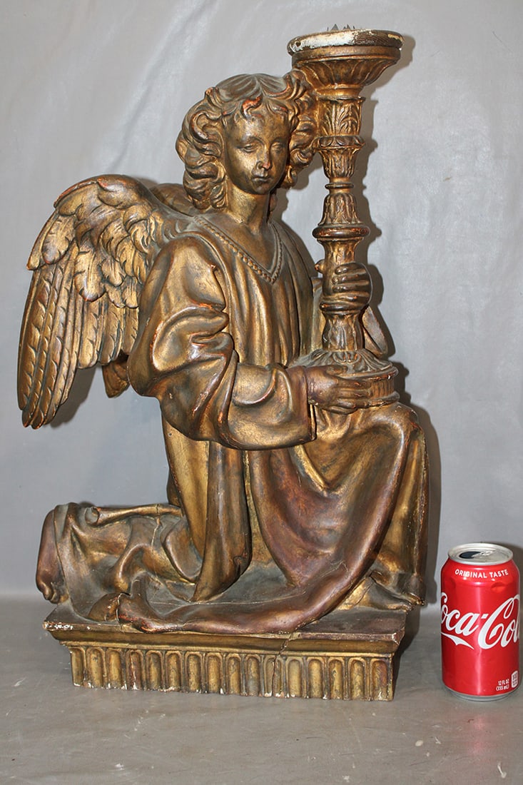 Awesome Antique Gilt Gesso Over Wood Candelabra "Angel": Awesome antique gilt gesso over wood candelabra "Angel" by Michelangelo. Probably 19th C. real nice condition, estate fresh and large. 14" wide, 22" tall, 8" deep.
