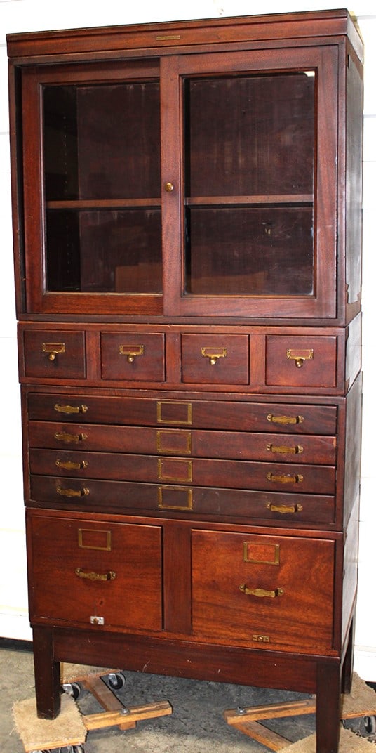 Mahogany Stacking File Unit With Sliding Doors On Top: Mahogany stacking file unit with sliding doors on top. Great file except it needs veneer work on the sides. 33" wide, 72" tall, 17" deep.