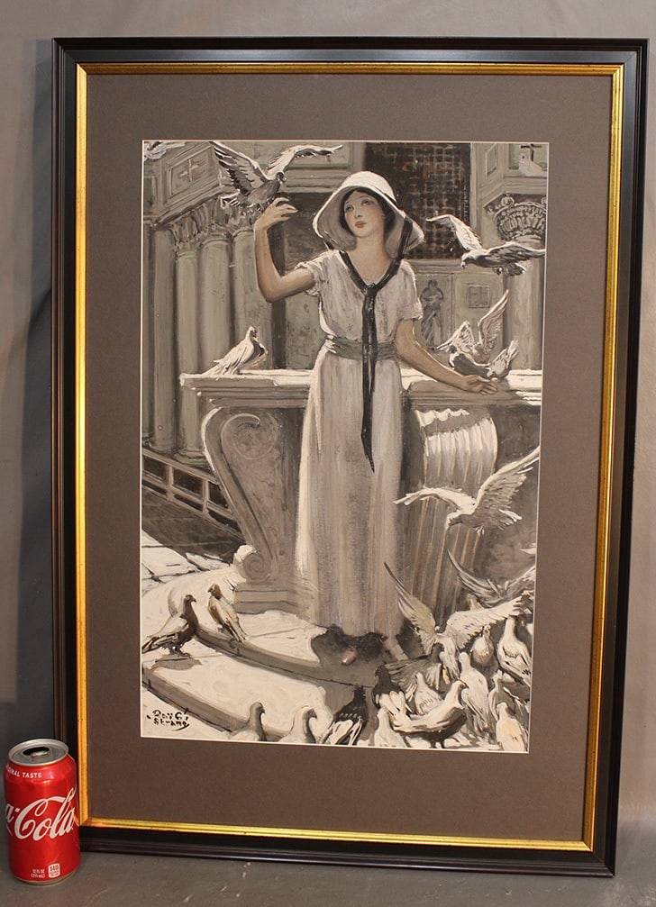 Gouache On Board Of Lady With Pigeons signed Ray C. Strang (1 of 6)