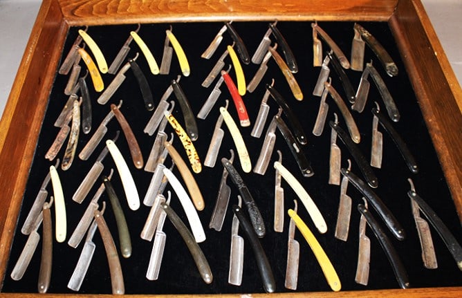 Wonderful Group Of 40 Straight Razors: Wonderful group of 40 straight razors. Some real nice ones in a locked display case. Several makes 1 with a nude woman. Sold in 1 lot.
