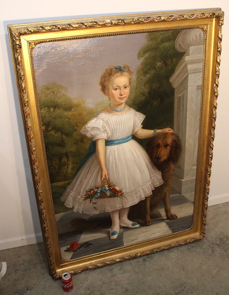 Well Done Life Size Oil On Canvas Painting By H. Shelley (Earl H. Shelley) 1866: Well done life size oil on canvas painting by H. Shelley (Earl H. Shelley) 1866. Girl with dog sold at Sotheby's 1998. Original gilt frame, relined. Very pretty, nice condition, estate fresh. 43" wide