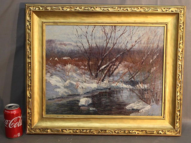 Oil On Board Winter Stream Signed W. Stevens (1 of 4)