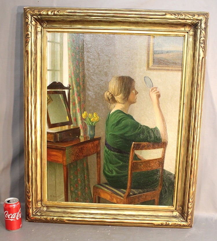 Oil On Canvas Danish Artist Alfred Broger: Oil on canvas Danish artist Alfred Broger. Girl sitting by her vanity 1870-1955. Nicely framed, nice condition, estate fresh. 28" wide, 34" tall.