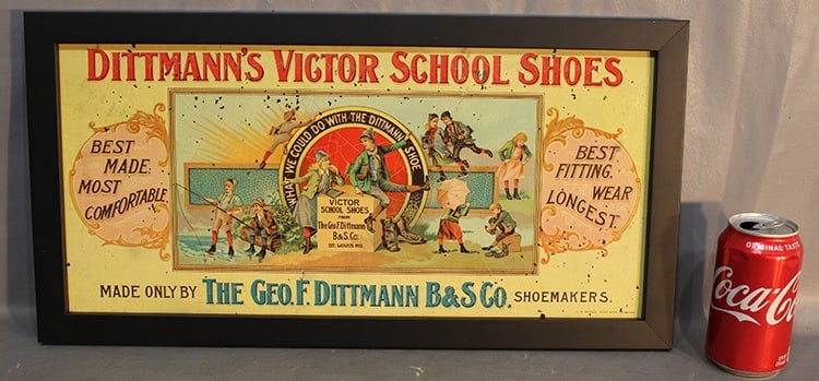 Sweet Dittmann Victor School Shoe Advertising Sign: Sweet Dittmann Victor school shoe advertising sign. Marked C. W. Shonk Signs Chicago. Has some chipping on the paint but has great color. 21" wide, 11" tall.
