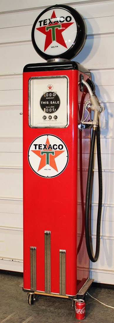 Original Texaco Gas Pump: Original Texaco gas pump. Has a replaced globe, nice original pump. Some rust spots but all around a nice pump. 23" wide, 80" tall, 16" deep.