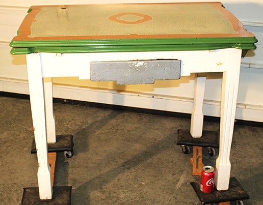 1940-50 Enameled Top Refractory Table In Green And Wood Grain (1 of 5)