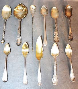 Group Of 11 Sterling Silver Serving Pieces 10 Ozt: Group of 11 sterling silver serving pieces 10 ozt. Many gold washed and unique.