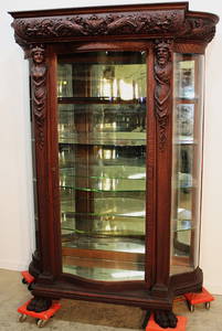 Fabulous American Oak Horner Serpentine China Cabinet With Carved Lady And Man