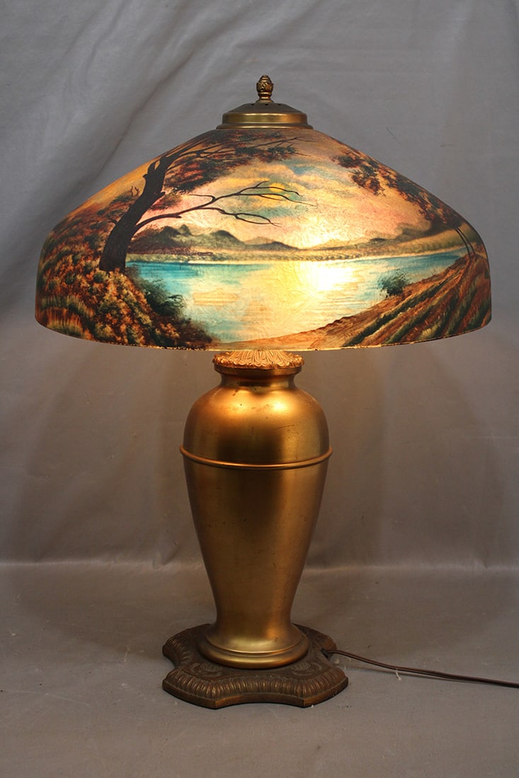 One Of The Nicest 18" Pittsburg Reversed Painted Table Lamps With Lake Scene (1 of 6)