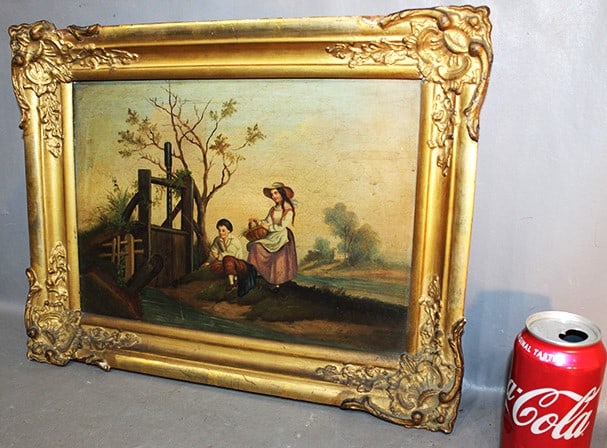 Early 19Th C. Painting Oil On Canvas Of A Boy And Girl Fishing: Early 19th C. painting oil on canvas of a boy and girl fishing. Original frame, marked NY on the back. A few chips on the frame, painting is in good condition. Painting without frame is 14" wide, 10" 