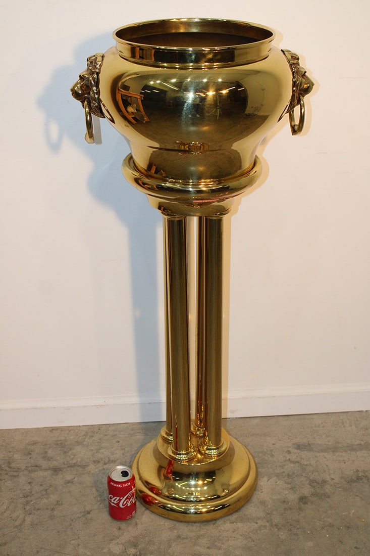 Awesome 44" Solid Brass Antique Jardinière And Pedestal: Awesome 44" solid brass antique jardinière and pedestal. Professionally polished and lacquered with lion handles.