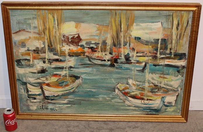 Artist Signed Boat Scene Painting Oil On Canvas (1 of 5)