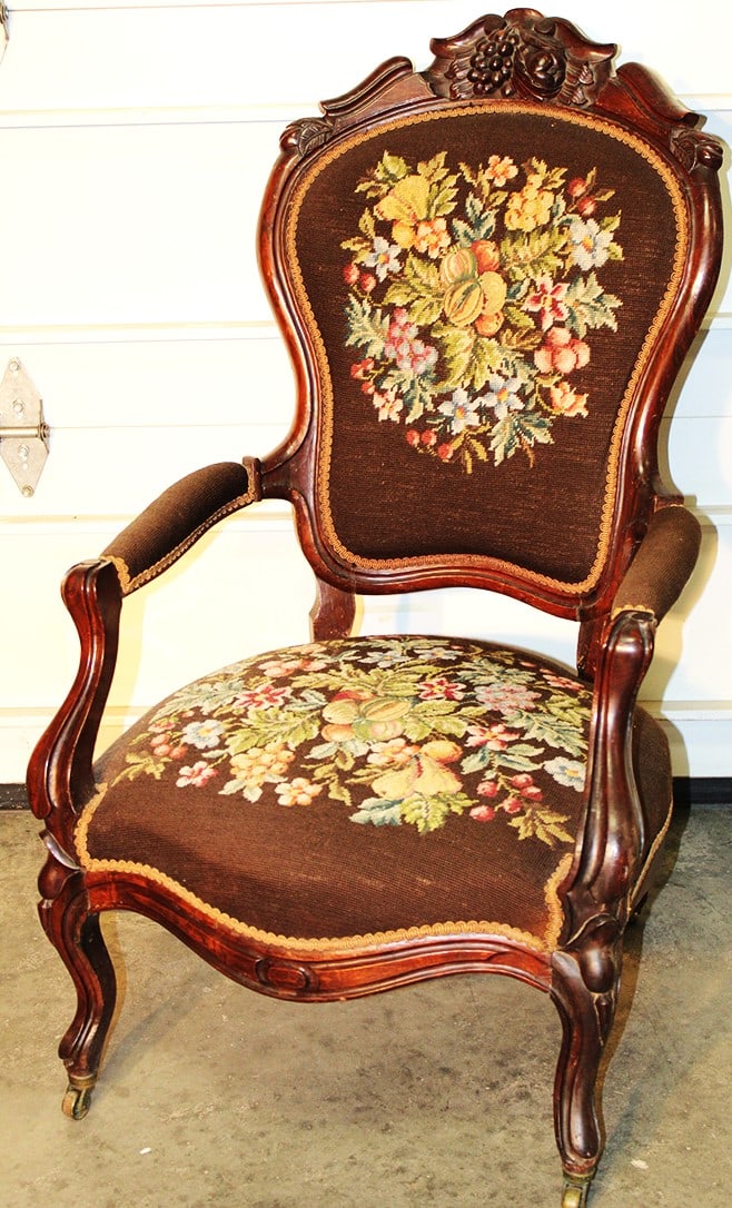 Clean Victorian Needlepoint Gentleman's Chair With Fruit Cluster (1 of 5)