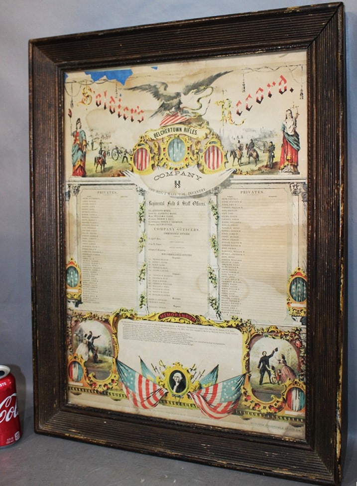 Civil War Framed Soldiers Record Belchertown Rifles: Civil War framed soldiers record Belchertown rifles. Very colorful, some water stain, some chipping on the edge (see photo). Estate fresh. 20" wide, 26" tall.