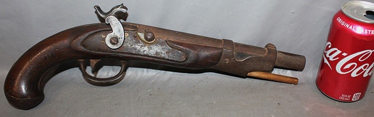 Early 19Th C. Percussion Pistol: Early 19th C. percussion pistol. Rusty, needs cleaning. Has a newer ram rod, tag on it says (Ashton Pistol, Middletown Conn.) It has some markings on the side plate. 15.5" long.
