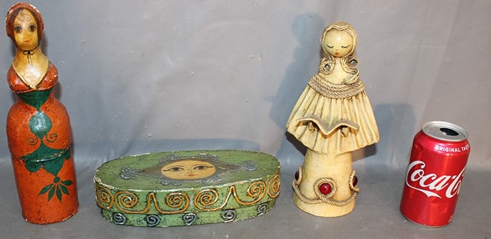 2 Signed Gemma Taccogma Paper Mache Pieces, 1 Other Marked Velma: 2 signed Gemma Taccogma paper mache pieces, 1 other marked Velma. With jewels, all hand made and painted in nice condition. Tallest is 10.5".