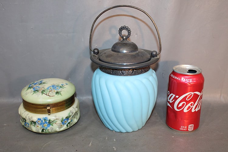 Blue Satin Glass Biscuit Jar And Leaver Crest Style Dresser Box: Blue satin glass biscuit jar and leaver crest style dresser box all in good condition. Tallest is 9".