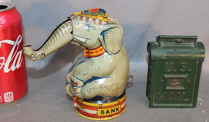 Chein Mechanical Litho Elephant 1930s Cast Iron Bank: Chein mechanical litho elephant 1930s cast iron bank. All nice, estate fresh.