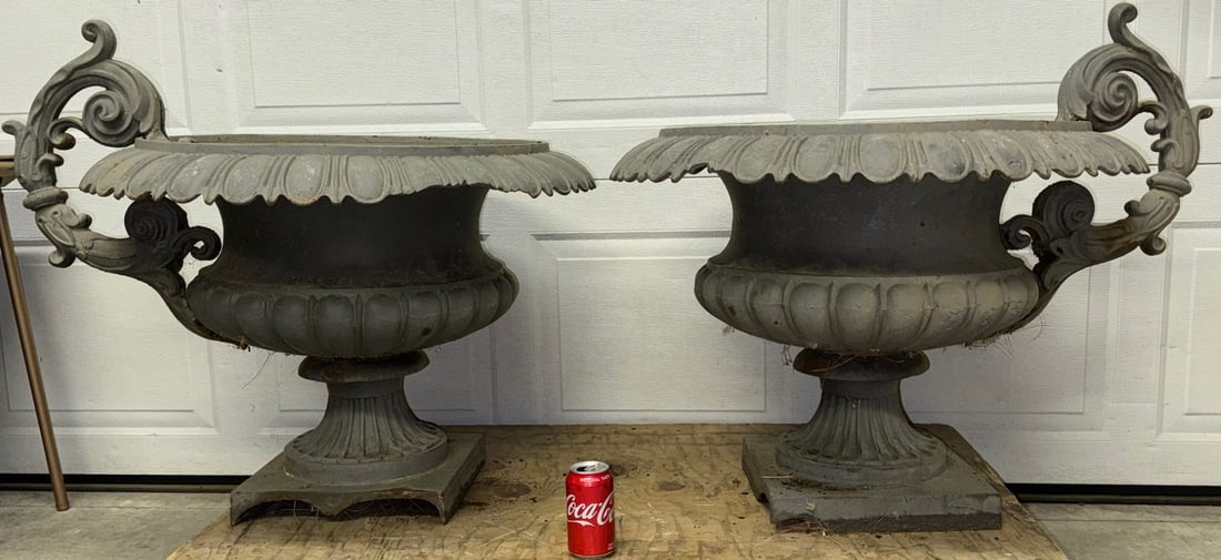 Large Pair of 3' Wide Cast Iron Antique Urns (1 of 9)