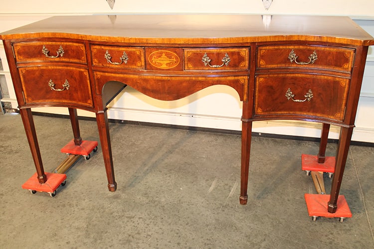 Fabulous Serpentine Sideboard With Urn And Fan Inlays: Fabulous serpentine sideboard with urn and fan inlays. Original finish and hardware. Estate fresh in nice condition. 72" wide, 37" tall, 26" deep.