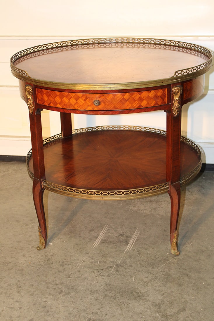 Wonderful Antique 30" Marquetry Table With Fancy Brass Galleries: Wonderful antique 30" marquetry table with fancy brass galleries. 1 drawer and 2 pull out trays. Estate fresh, very nice. 30" wide, 28" tall.