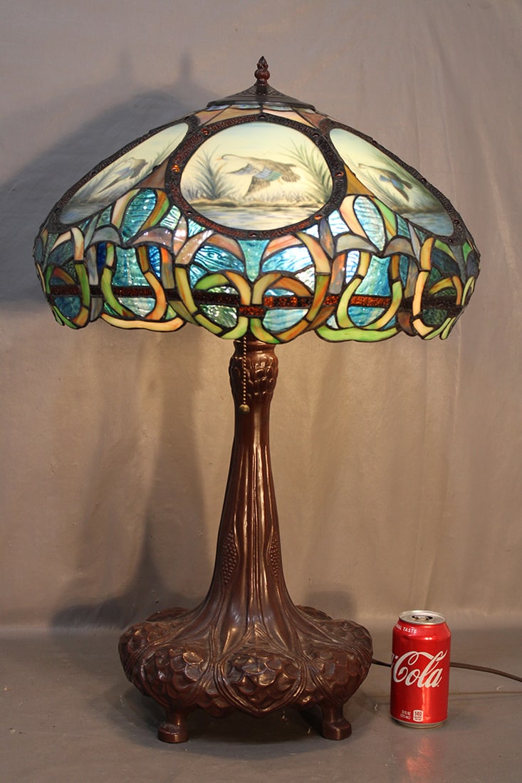 Huge Tiffany Style Leaded Lamp With Reversed Painted Panels With Duck Scene (1 of 3)