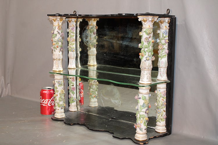 Antique Meissen Style Mirrored Shelf: Antique Meissen style mirrored shelf. Good age, there might be a couple of small chips on the leaves but not many. Mirrors are fogged. Estate fresh.