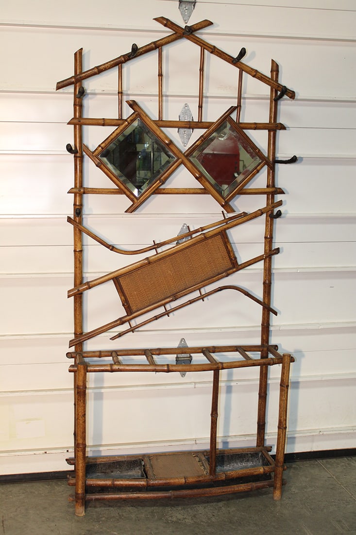 Antique Bamboo Hall Tree With Double Mirror Back (1 of 4)