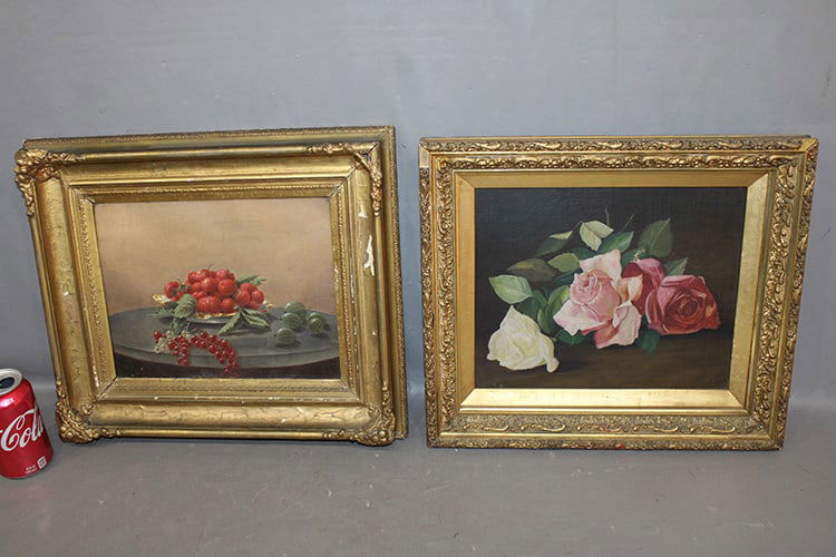 2 Antique Paintings Still Life Of Flowers And Fruit (1 of 5)