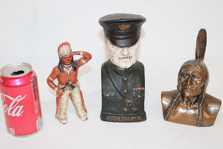 3 Vintage Banks (1) Cast Iron General Pershing, (2) Indian (1 of 3)