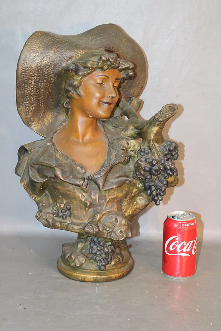 Friedrich Goldscheider "Girl With Grapes" Terracotta: Friedrich Goldscheider "Girl with grapes" terracotta. Boston label on the bottom. Nice condition, couple of minor rubs signed on the back. 13" wide, 19" tall, 8" deep.