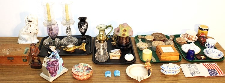 Large Group Of Estate Smalls, All Vintage: Large group of estate smalls, all vintage. Most are in good condition except Staffordshire dog has a line. Floral lamp has a chip. Hummel has a flea bite.