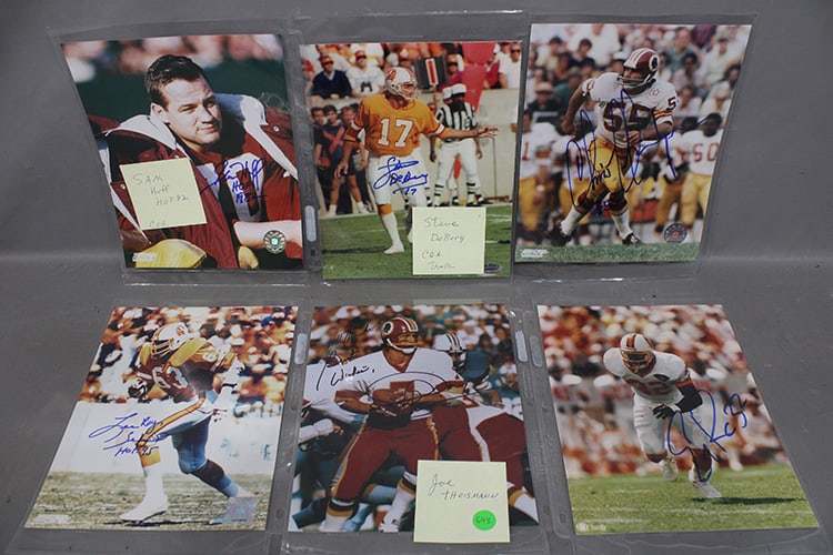 Hand Signed NFL Football Autographed Photos: Hand signed NFL football autographed photos. Signed photos by various Raiders, Redskins, Buccaneers, Cardinals, and Vikings players. Raiders: Pete Banaszak, Willie Brown, Daryle Lamonica, Ray Guy, Oti