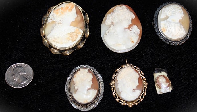6 Victorian cameos, all in nice portraits. 4 have mix metal holders, 2 loose. Nice group. (1 of 3)