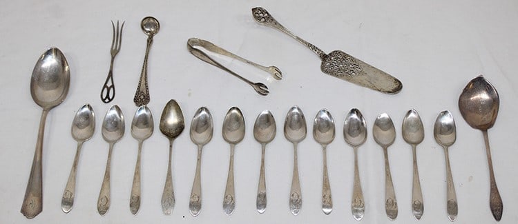 Group of sterling silver 11.2 ozt. Including tongs, serving, etc. Has coin and sterling. Estate (1 of 3)