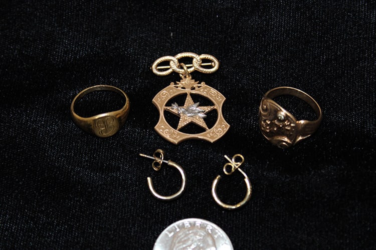 Group of 14k and 10k rings, pendant and earrings 9.5 dwt. 2 earrings 1 dwt, 3 piece 14k 8.5 dwt. (1 of 4)