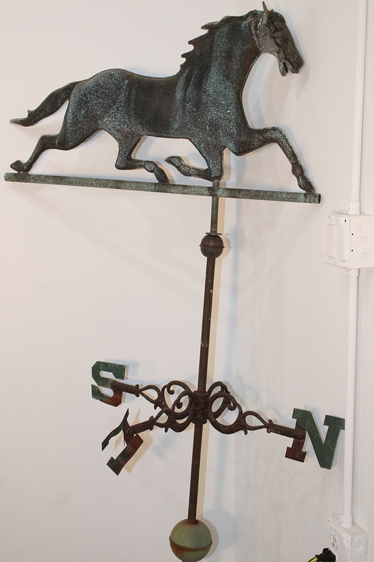 Full body trotting horse weathervane with directionals. Missing the W, looks to have a casted zinc (1 of 6)