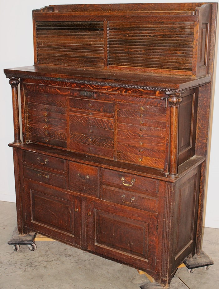 Super original finish double roll oak dental cabinet. Raised panels, multiple drawers, columns, (1 of 7)