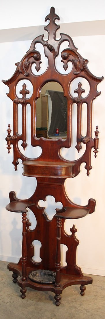 Victorian walnut hall tree with glove box. Original finish, hooks and cast iron pan. 32" wide, 98" (1 of 4)