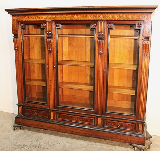 Super clean aesthetic 3 door inlaid walnut bookcase. All original finish, black and gold incising. (1 of 5)