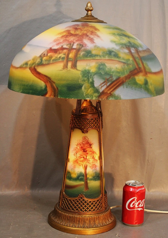 Antique reversed painted scenic lamp with light up base. Very pretty with an ocean scene. No cracks, (1 of 5)